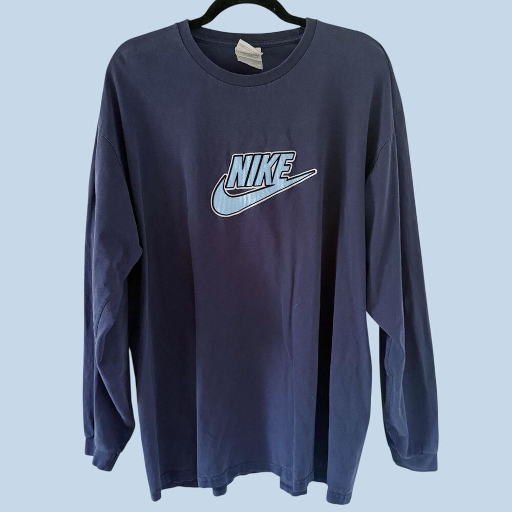 READ VTG Y2K Nike Embroidered Spellout Logo Tee Shirt Long Sleeve XL Silver Tag